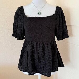 Self Esteem Black Women's Babydoll Eyelet Peplum Smocked Top Short Puff‎ Sleeves
